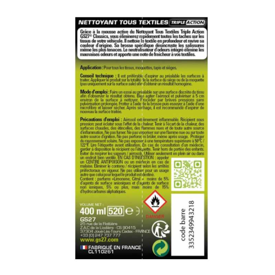 Nettoyant tout textiles voiture 3 en 1 GS27