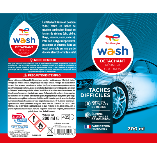 Détachant résine et goudron pour carrosserie Wash